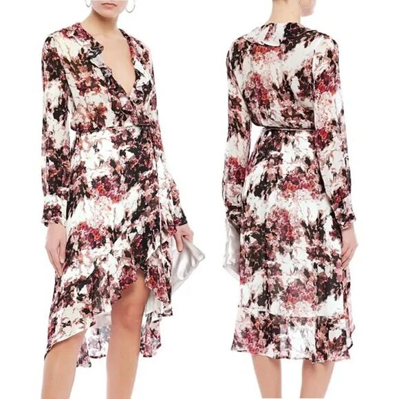 IRO Garden Floral Ruffle Surplice Neck Midi Wrap Dress Red/White Women 38 / US 6